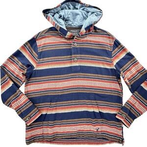 American Eagle Southwestern Pullover Hoodie Mens L Blue Red Multi Stripe Hooded